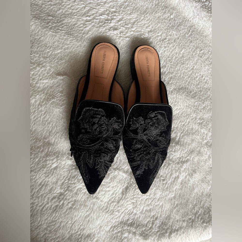 Alberta Ferretti Floral Embroidered Detail Velvet Mules-slippers-Slip-Ons-Flats